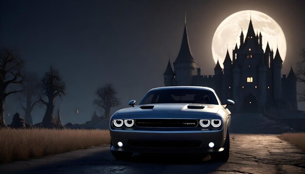 a car with the headlights on is parked in front of a castle