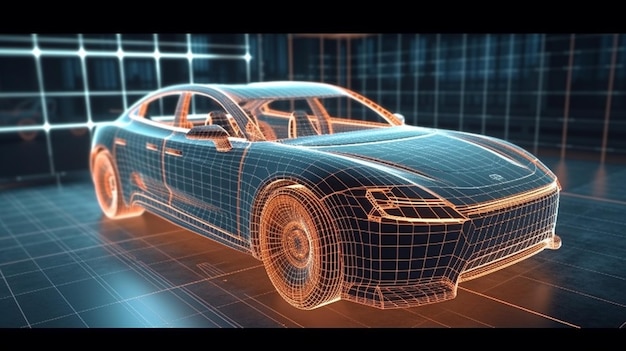 Car with a holographic design on a blue backgroundgenerative ai