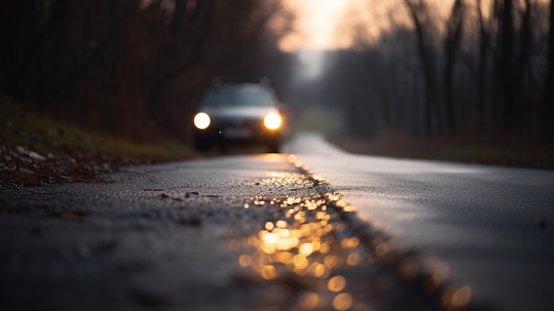 A car with its headlights on in the rain