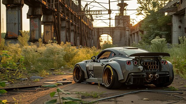 A car with a large hood and a large wheel is parked in a field