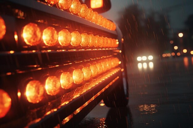 a car with lights on and a car in the rain.