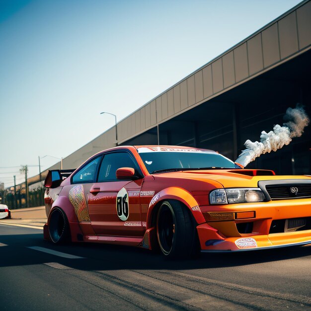 a car with a lot of smoke coming out of it's exhaust pipe on a street with a building in the backgro