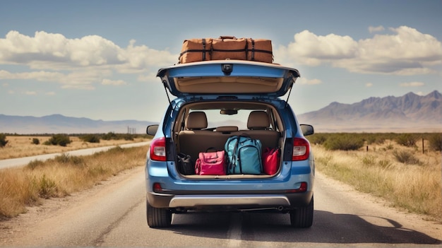 Photo a car with luggage in the back of it on a road with mountains in the background