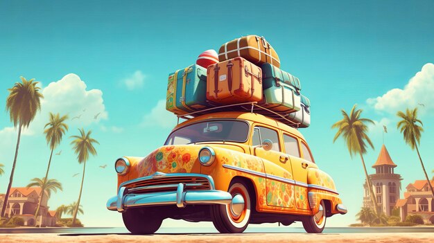 Car with luggage on the roof ready for summer vacation