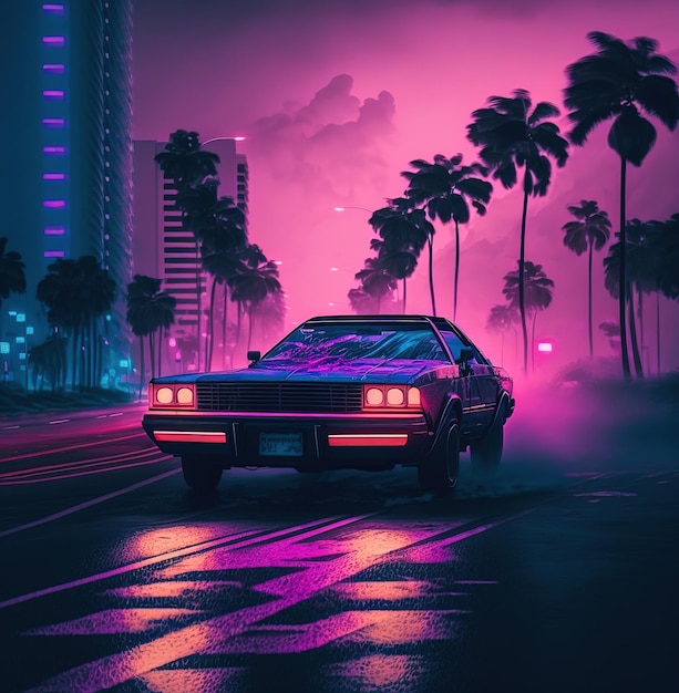 Premium AI Image | A car with neon lights on driving down a road with ...