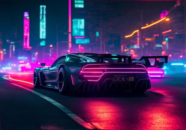 A car with neon lights on the side of it