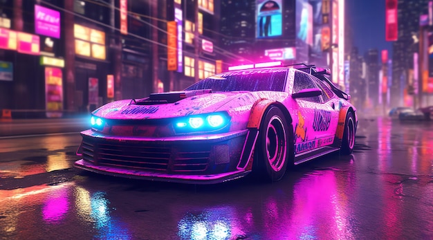 A car with neon lights on the side of it