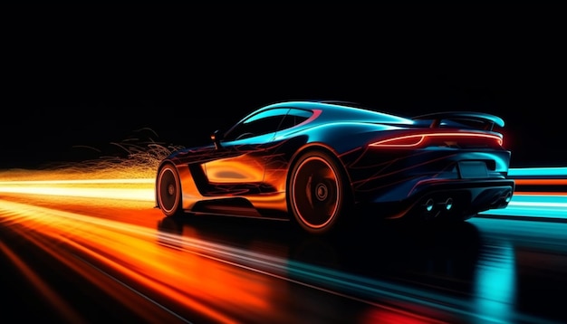 Foto un'auto con un effetto vernice al neon è su una strada