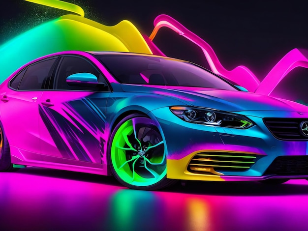 A car with neon paint on it is painted in neon colors ai generated