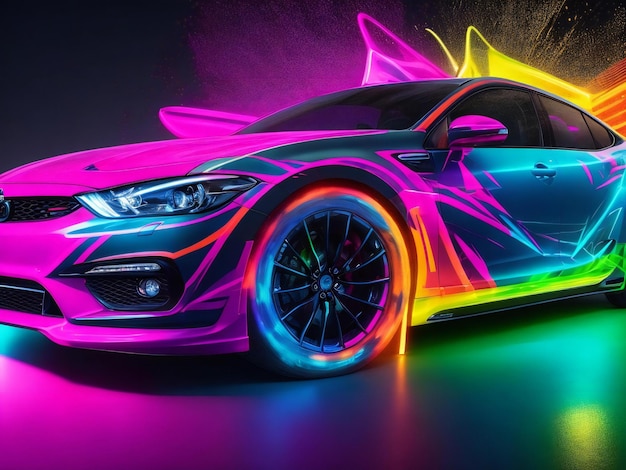 A car with neon paint on it is painted in neon colors ai generated