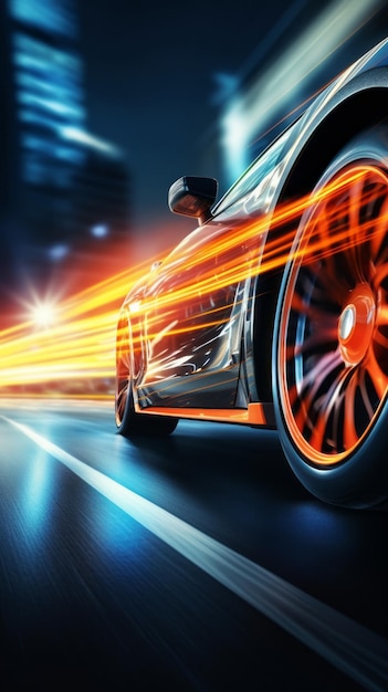 Car with neon on the road with motion blur background