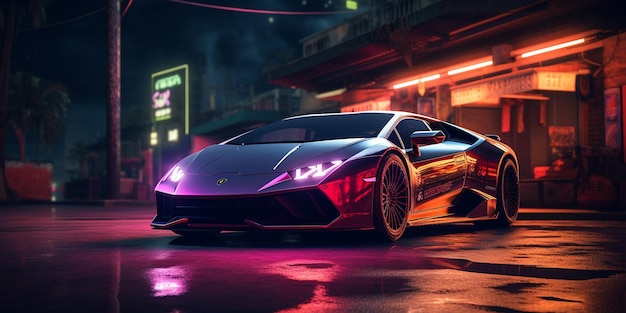 A car with a neon sign that says'lamborghini'on it