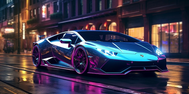 A car with a neon sign that says'lamborghini'on it