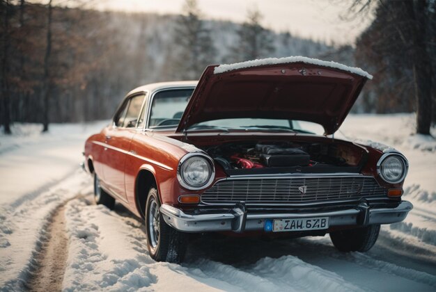 car with open hood in winter and open engine