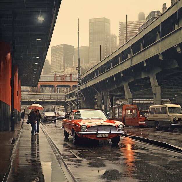 a car with an orange top is driving down the street