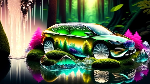 숲 풍경이 그려진 자동차.