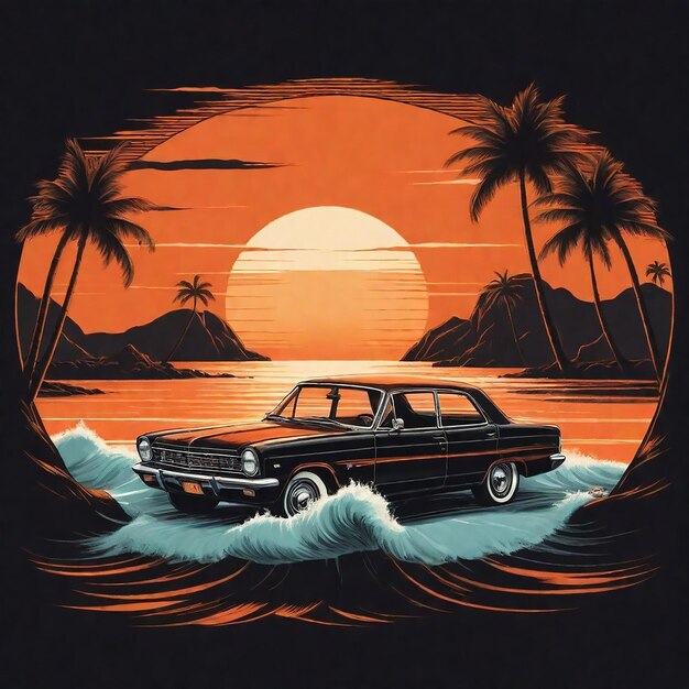 a car with palm trees on the top and the sun behind it