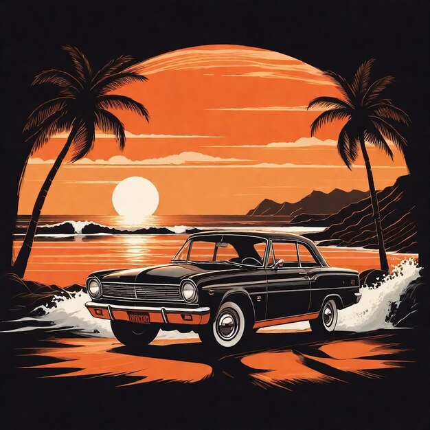 a car with palm trees on the top and a sunset in the background