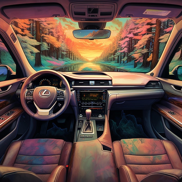 Photo a car with a picture of a sunset on the inside