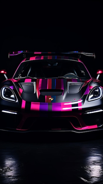 A car with a pink stripe on the hood and a black stripe on the side