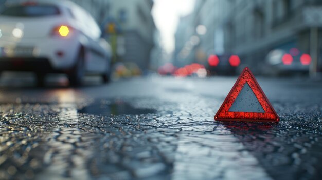 Foto auto con problemi e un triangolo rosso per avvertire gli altri utenti della strada