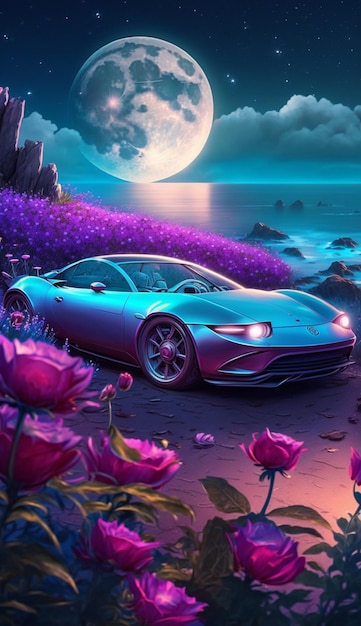 A car with a purple background and the moon in the background.