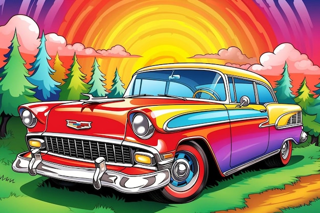 a car with a rainbow in the background.