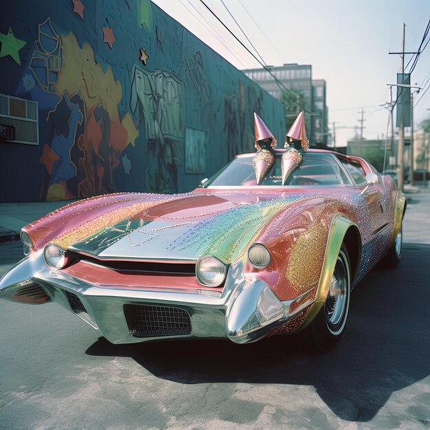 Photo a car with a rainbow hat on it is parked in front of a building with a mural of a rainbow on it.