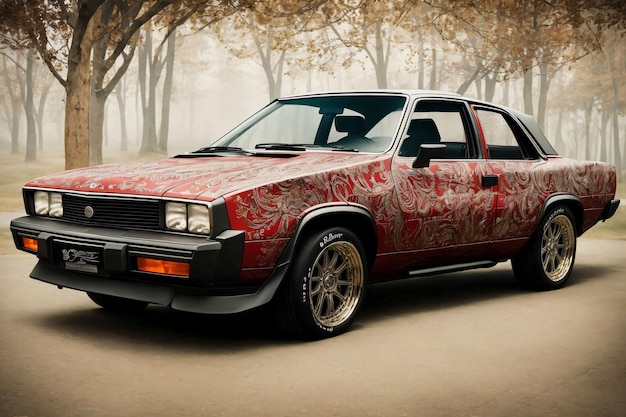 A car with a red and black design is parked in a forest.