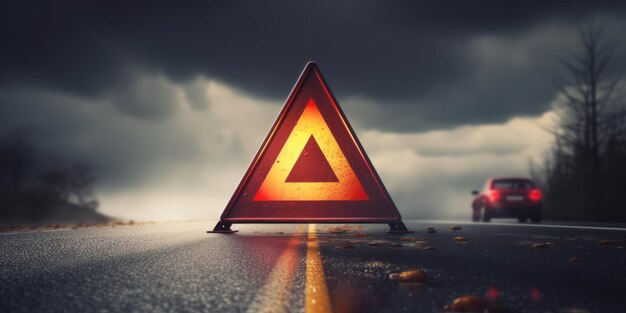 Photo car with a red triangle sign indicating a hazard on the road