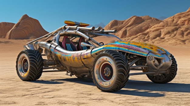 A car with a rocket ship on it in the desert.