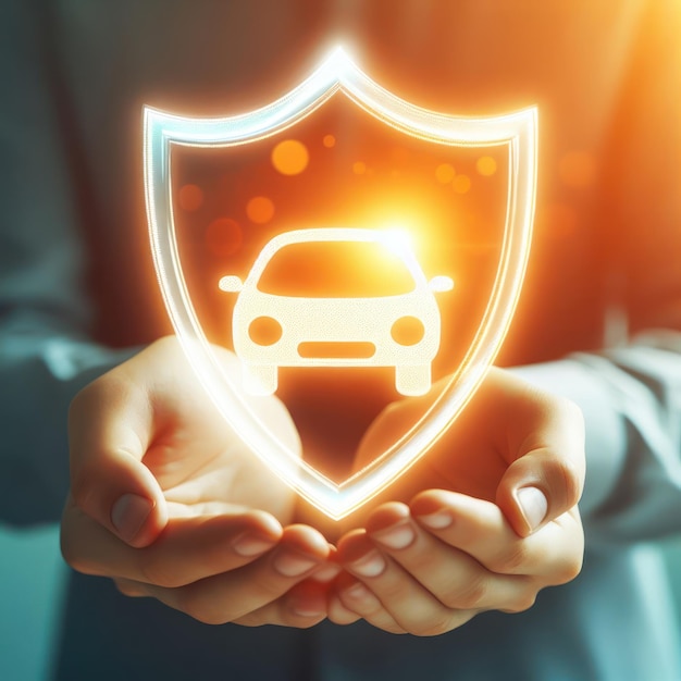 Photo car with shield glowing icon on hand isolated on solid background