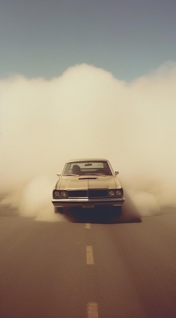 A car with a smoke cloud on the top