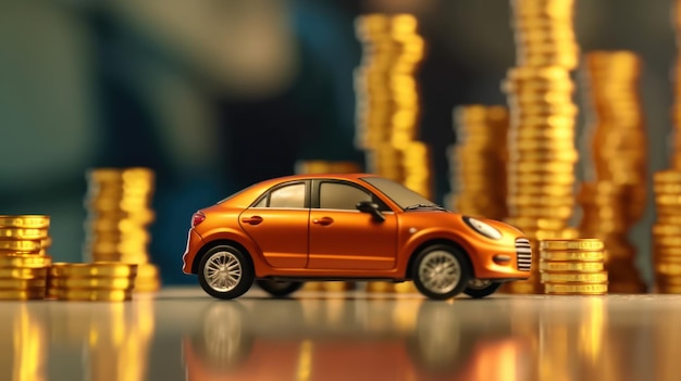 Car with stacking coins saving for buying car concept