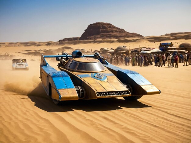 Photo a car with a star wars logo on it is driving through the desert