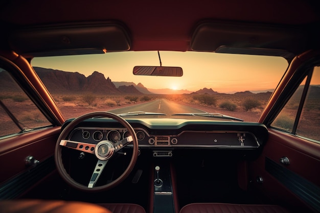 A car with the sun setting behind it