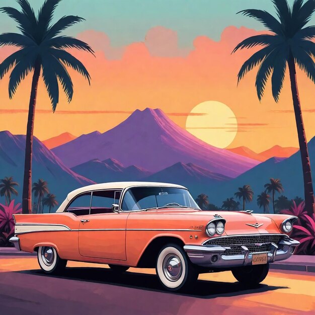 a car with a sunset in the background