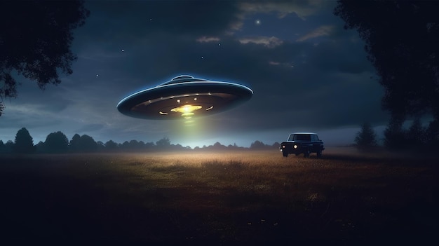 A car with an ufo flying over it