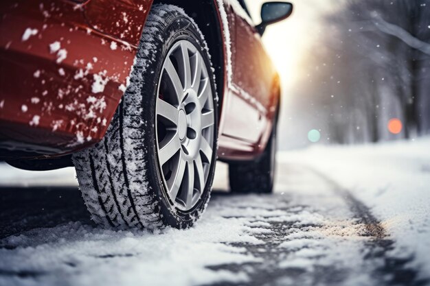 雪で覆われた道路で冬のタイヤを搭載した車車輪のクローズアップ