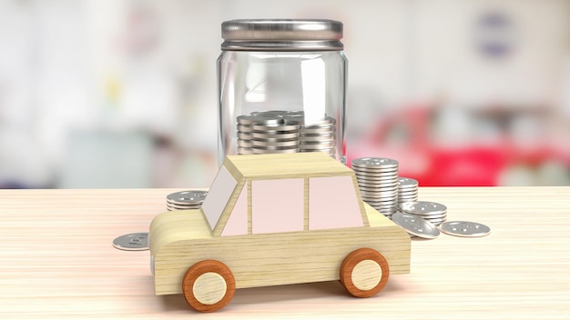 The car wood toy and jar coins for saving concept 3d rendering