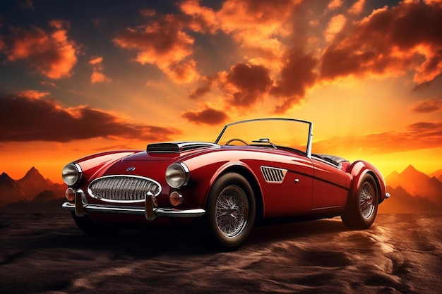 the car of the year is a classic car with a sunset background