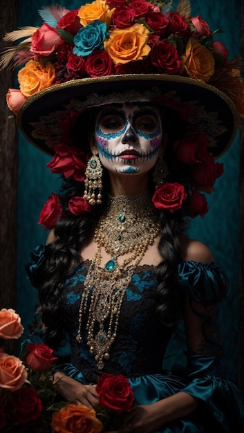 Cara Pintada Dia de los muertos La Catrina Pintura en Flores Coloridas