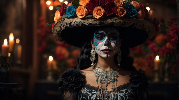 Кара Пинтада Dia de los muertos La Catrina Pintura y Flores Coloridas