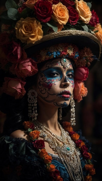 Кара Пинтада Dia de los muertos La Catrina Pintura y Flores Coloridas