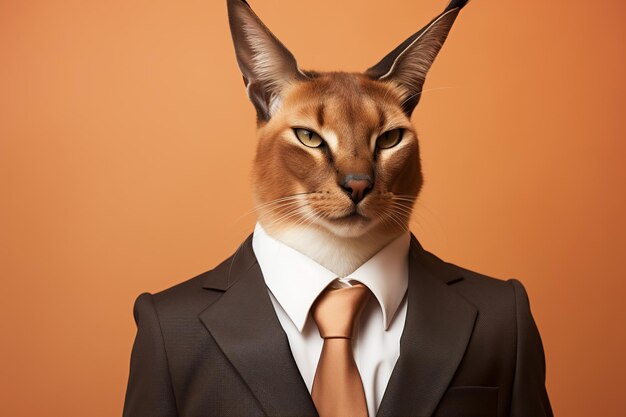 Caracal cat in black business suit on brown background