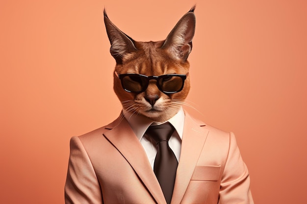 Caracal cat in orange business suit on brown background