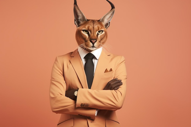 Caracal cat in orange business suit on dark pink background