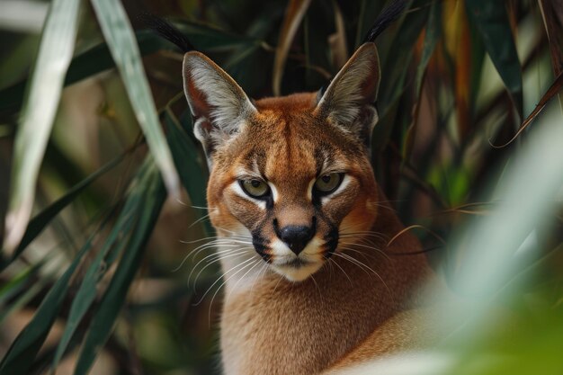 The caracal is captured against a backdrop of its natural habitat