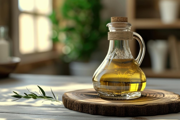 Carafe of olive oil on wooden coaster