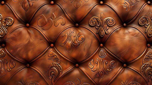 Photo caramel brown leather upholstery with tufted buttons and decorative flourishes